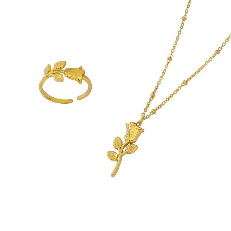 Rose Flower Necklace and Ring Jewelry Set