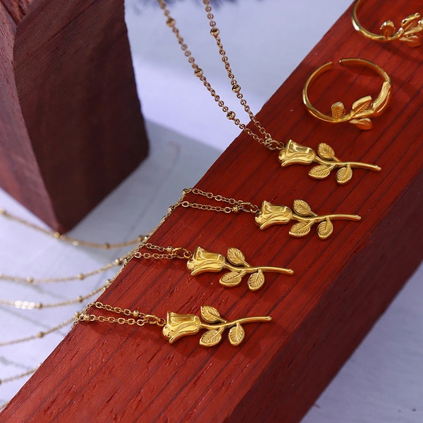 Rose Flower Necklace and Ring Jewelry Set