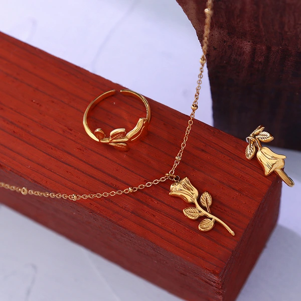 Rose Flower Necklace and Ring Jewelry Set