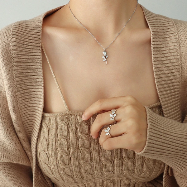 Rose Flower Necklace and Ring Jewelry Set