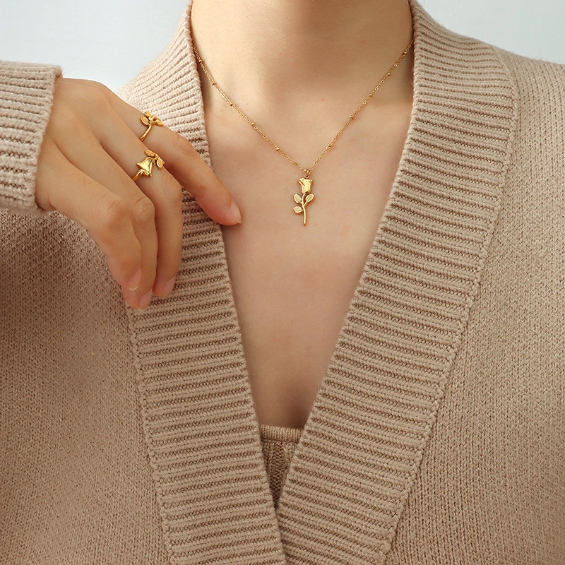 Rose Flower Necklace and Ring Jewelry Set