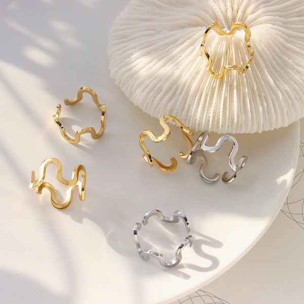 Stainless Steel Gold Color Wave Line Ring