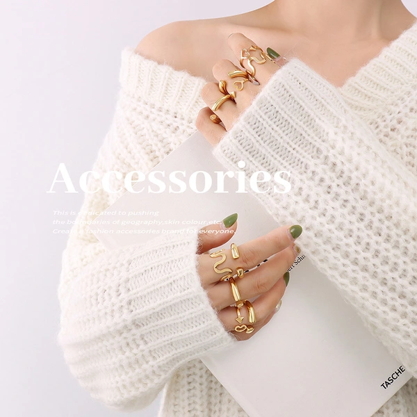 Stainless Steel Gold Color Wave Line Ring