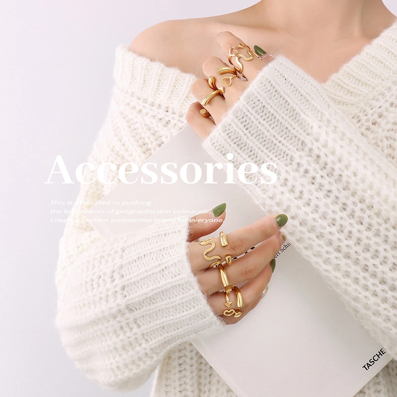 Stainless Steel Gold Color Wave Line Ring