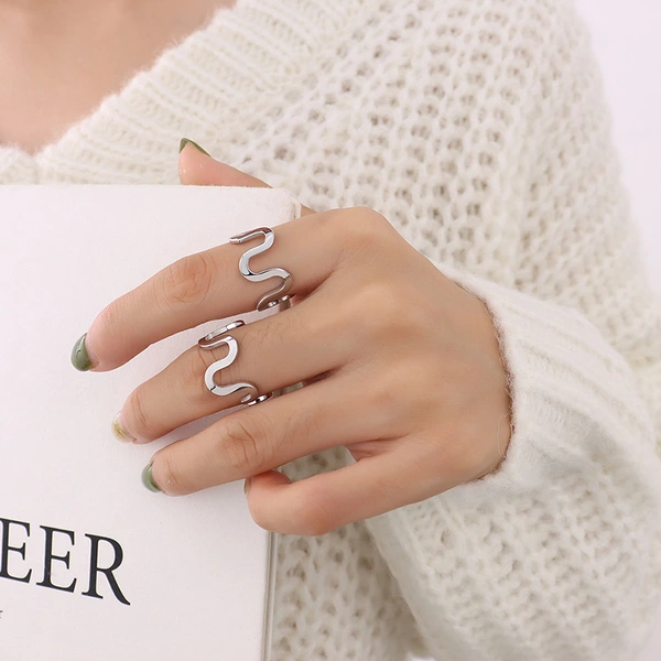 Stainless Steel Gold Color Wave Line Ring