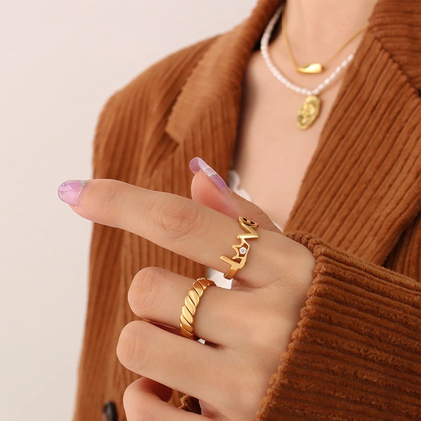 18K gold plated letter love chain shape open adjustable rings 