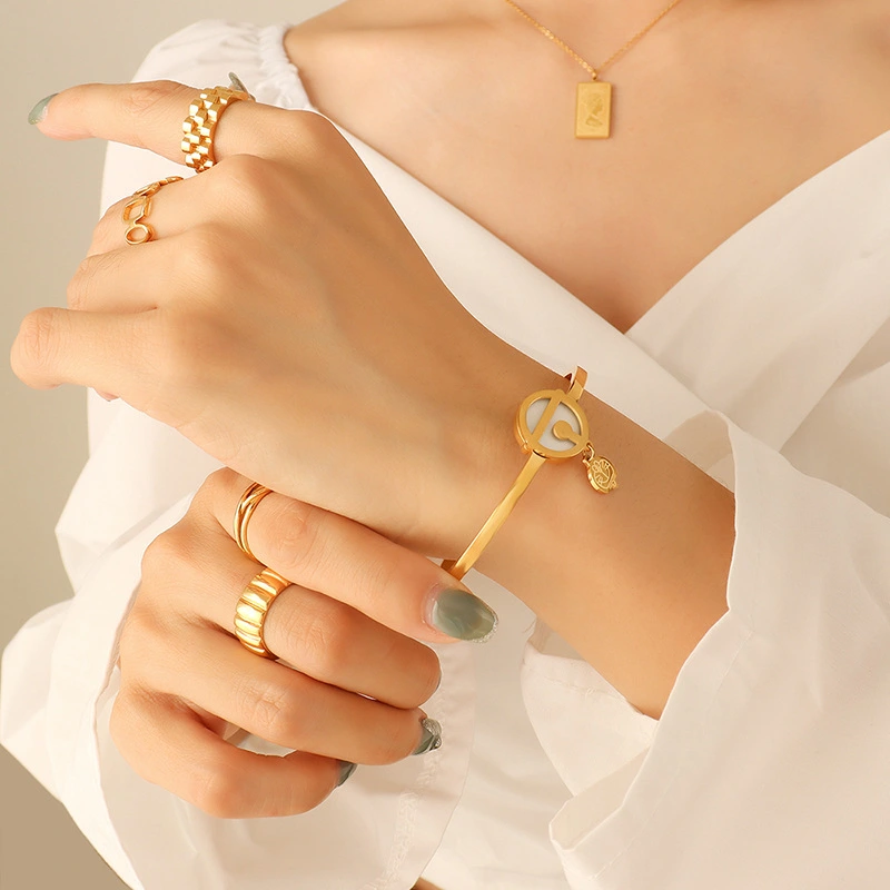 Stainless Steel White Shell Gold Plated Bangle Bracelet