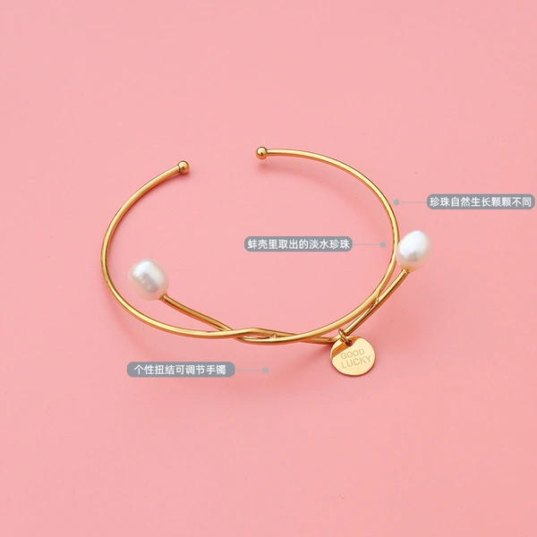 Stainless Steel Baroque Pearl Good Lucky Bangle Bracelet