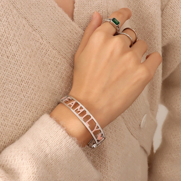 Stainless Steel Emerald Heart Family Bangle Bracelet