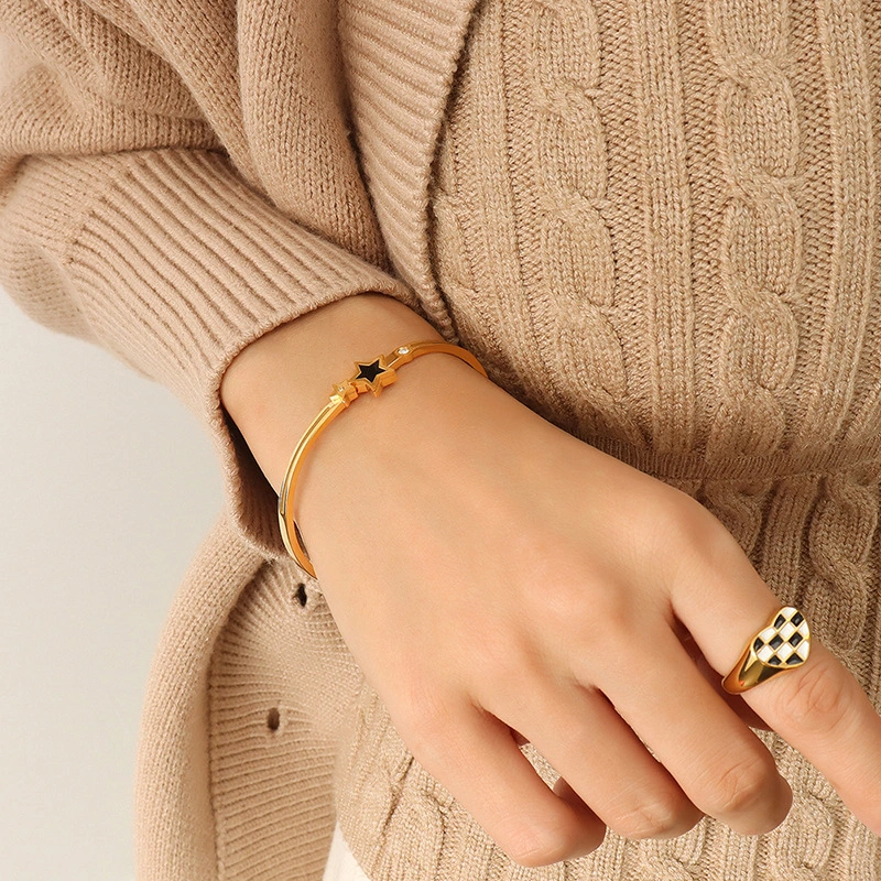 Gold Plated Stainless Steel Enamel Star Bangle Bracelet