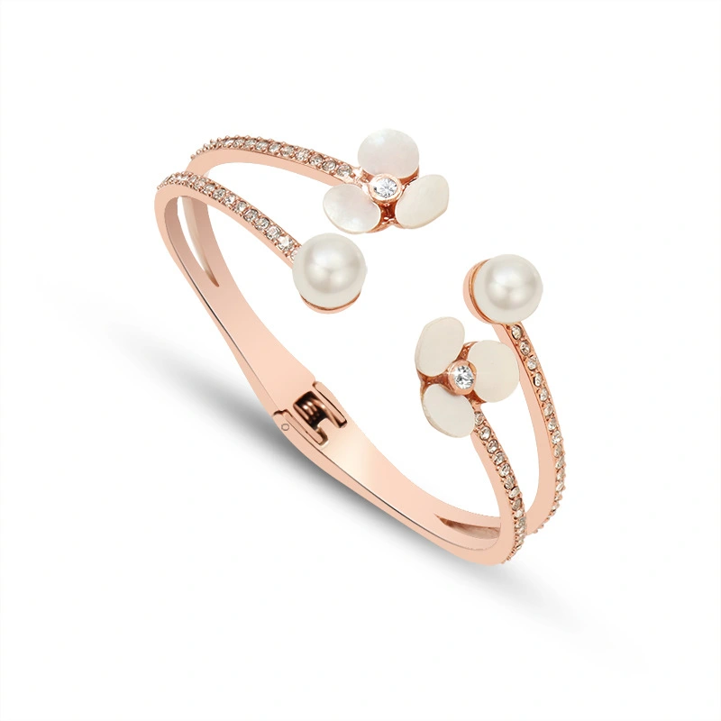 Mother of Pearl and Flower Rose Gold Plated Bangle Bracelet
