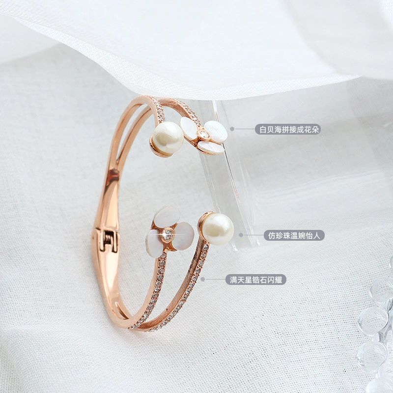 Mother of Pearl and Flower Rose Gold Plated Bangle Bracelet