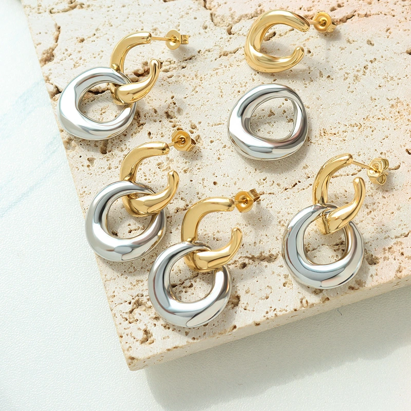 Stainless Steel Two Tone Hoop Earrings Gold Plated