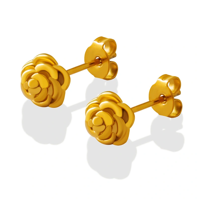 Stainless Steel 18K Yellow Gold Roseflower Earrings Stud