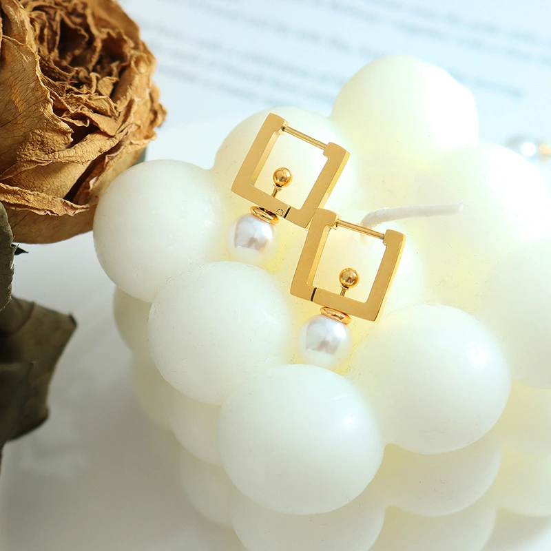 Stainless Steel Hoop Pearl Earrings Gold Color
