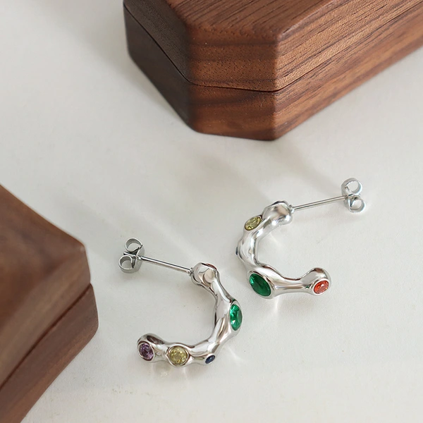 18K Gold Stainless Steel Crystal Stone Earrings Hoops