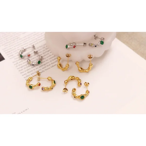 18K Gold Stainless Steel Crystal Stone Earrings Hoops