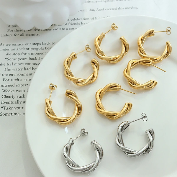 Stainless Steel 18K Gold Twist Hoop Earrings