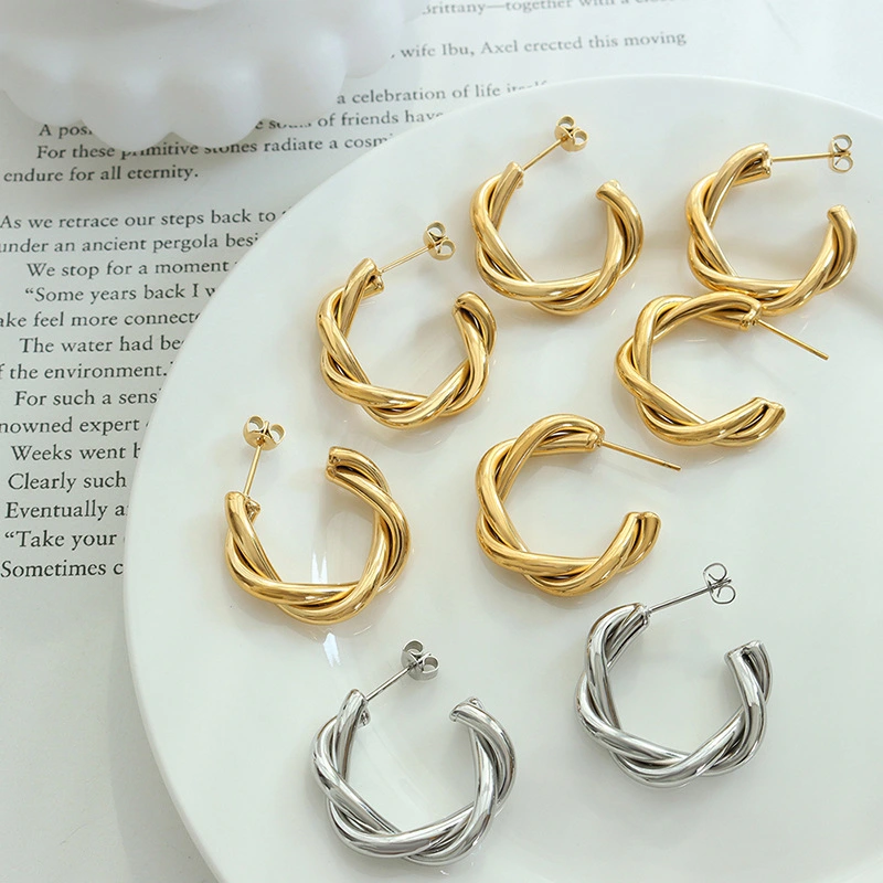 Stainless Steel 18K Gold Twist Hoop Earrings