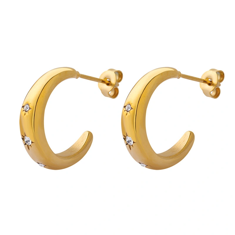 Stainless Steel CZ Stone Hoop Earrings 18K Gold Color