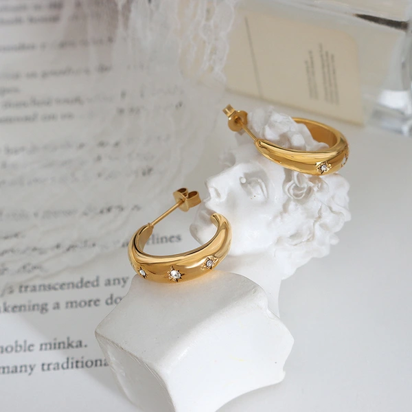 Stainless Steel CZ Stone Hoop Earrings 18K Gold Color