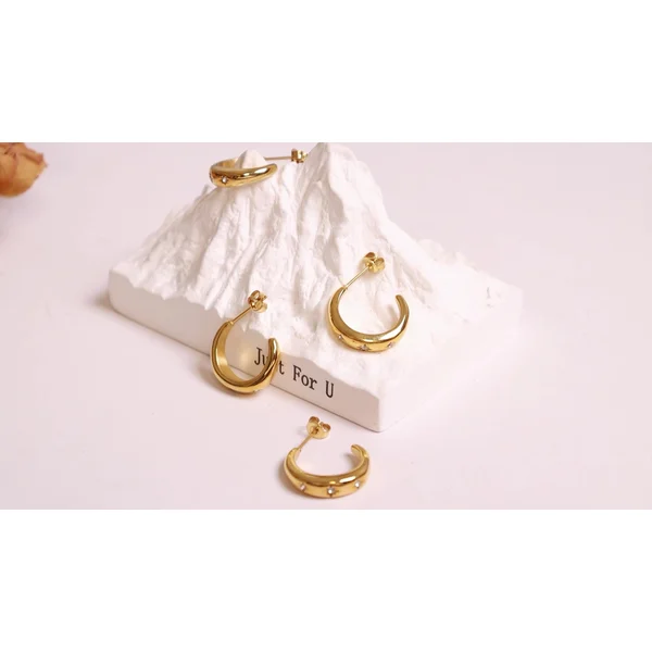 Stainless Steel CZ Stone Hoop Earrings 18K Gold Color