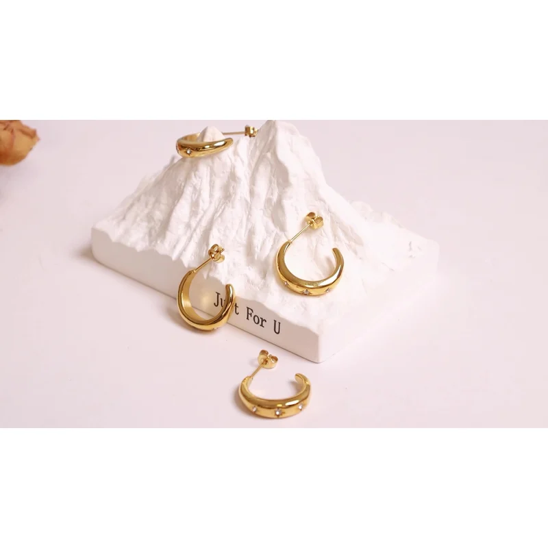 Stainless Steel CZ Stone Hoop Earrings 18K Gold Color