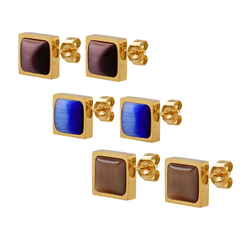 Stainless Steel 18K Gold Square Stud Earrings