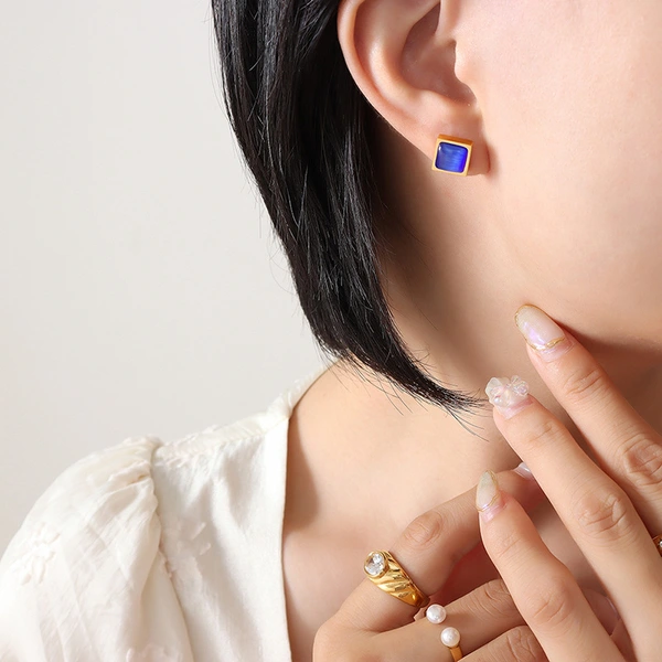 Stainless Steel 18K Gold Square Stud Earrings
