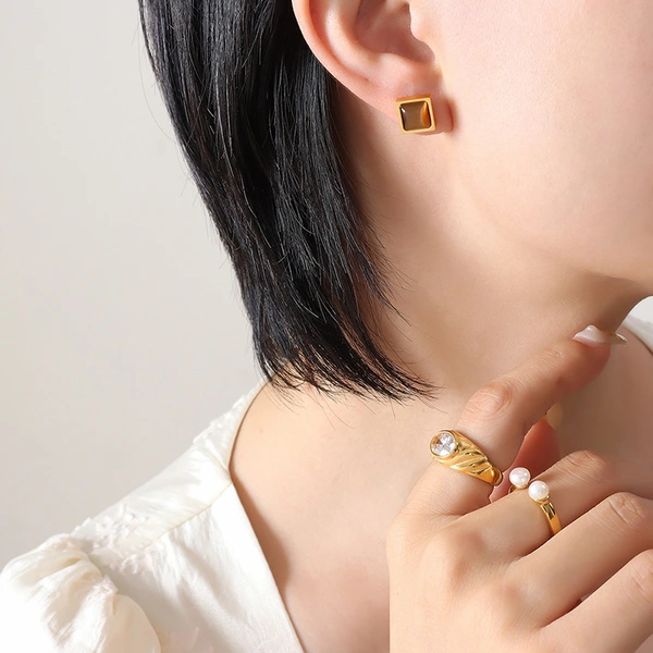 Stainless Steel 18K Gold Square Stud Earrings