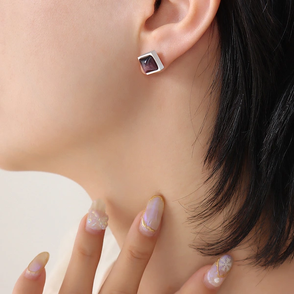 Stainless Steel 18K Gold Square Stud Earrings