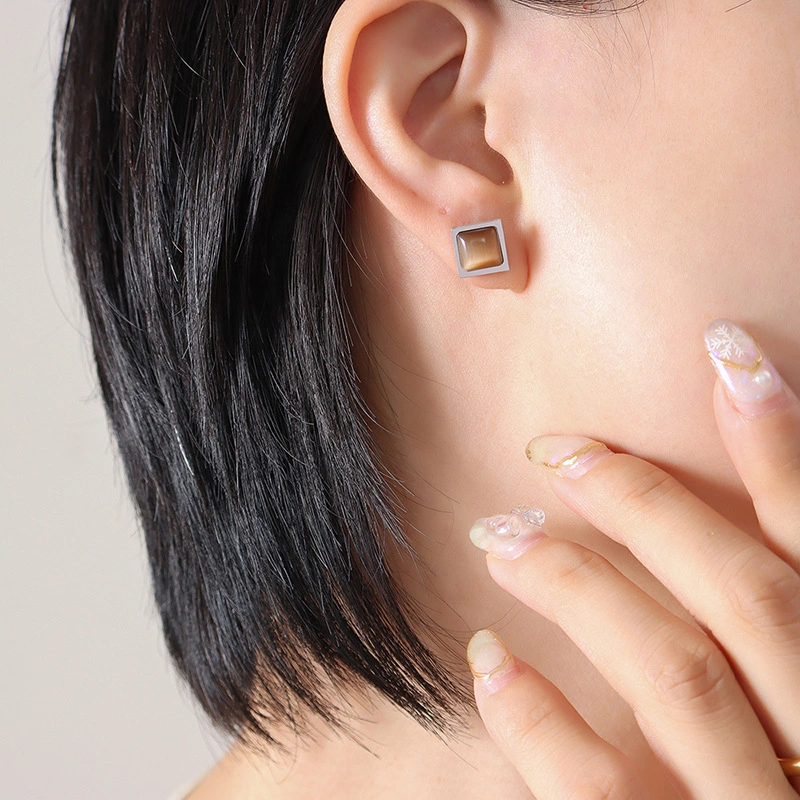 Stainless Steel 18K Gold Square Stud Earrings