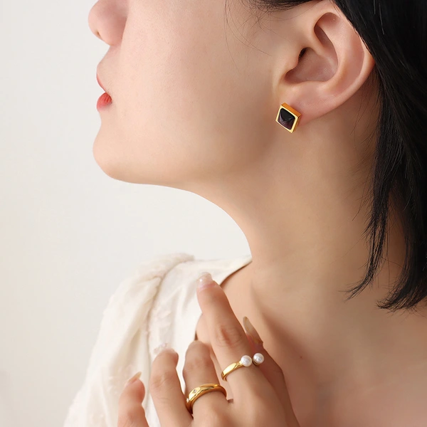 Stainless Steel 18K Gold Square Stud Earrings