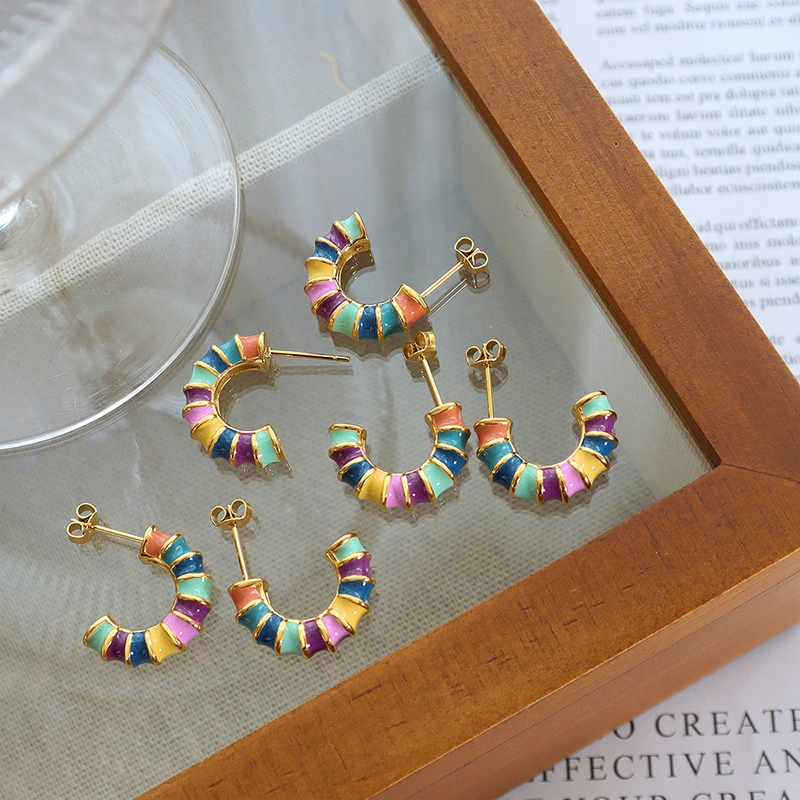 Fashion Design Multi Enameled Color Hoop Stud Earrings