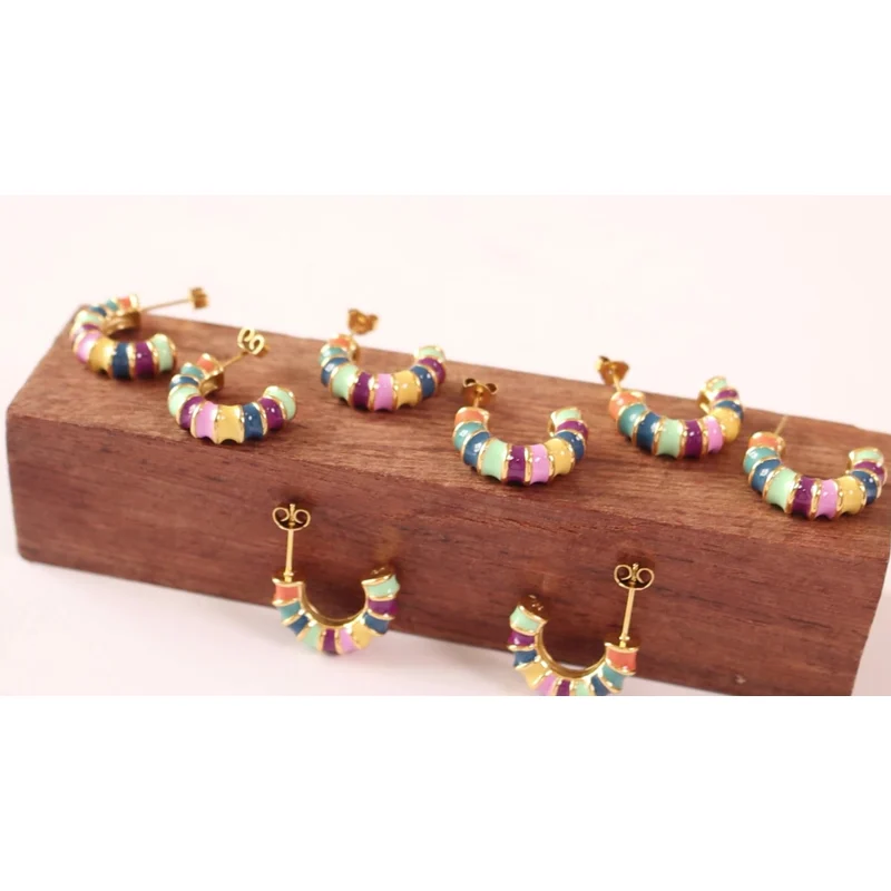 Fashion Design Multi Enameled Color Hoop Stud Earrings