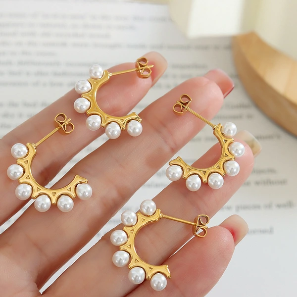 Stainless Steel Pearl Stud Hoop Earrings