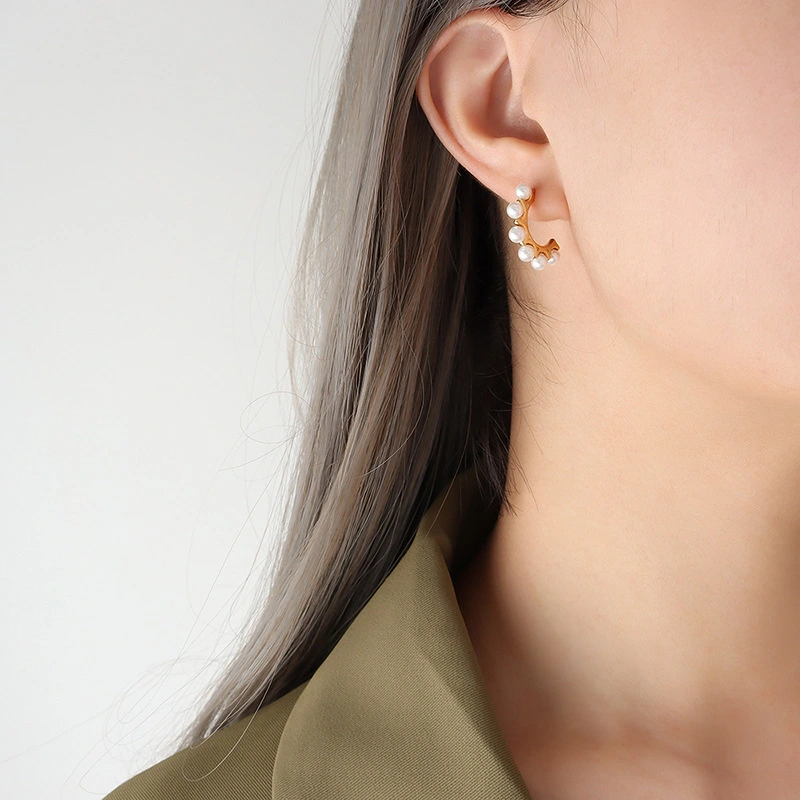 Stainless Steel Pearl Stud Hoop Earrings