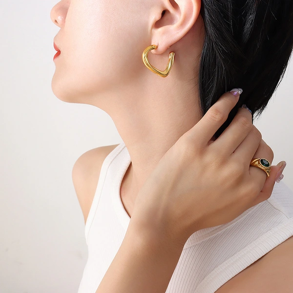 Gold Color Steel Women Heart Earrings