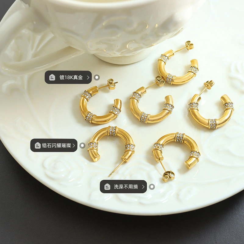 Stainless Steel Large Hoop Earrings with Stone Setting