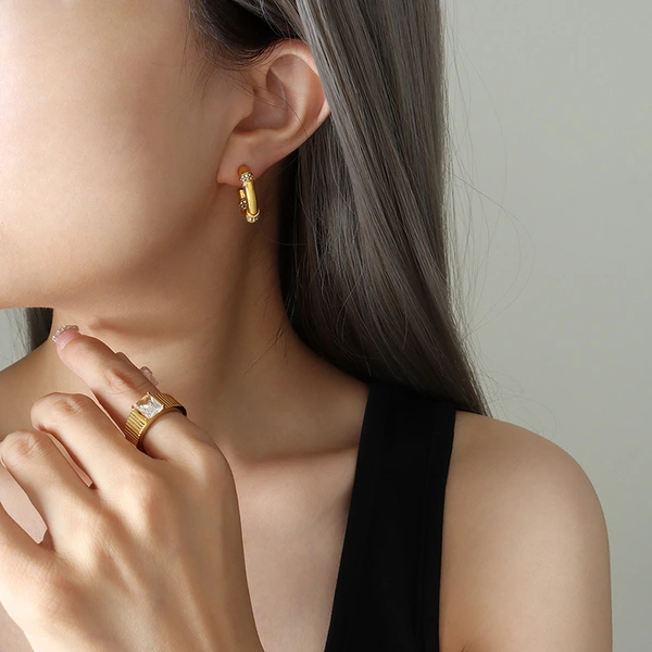 Stainless Steel Large Hoop Earrings with Stone Setting