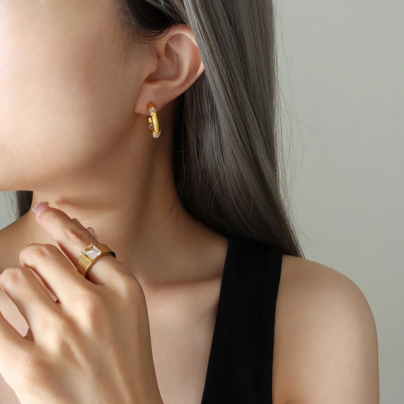 Stainless Steel Large Hoop Earrings with Stone Setting