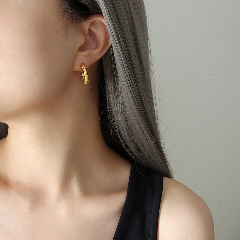 Stainless Steel Large Hoop Earrings with Stone Setting