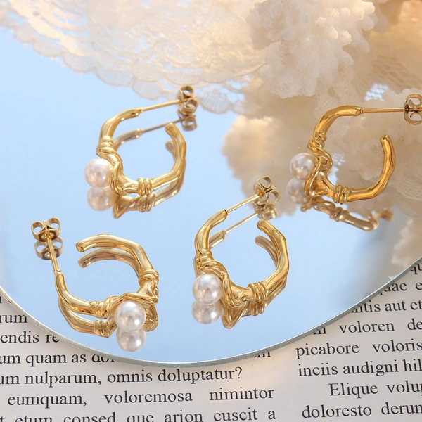 Gold Color Stainless Steel Trendy Pearl Earrings