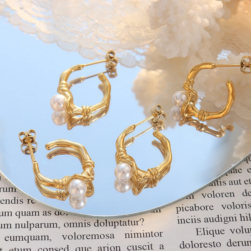 Gold Color Stainless Steel Trendy Pearl Earrings