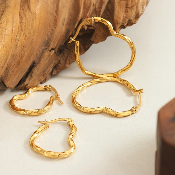 Titanium Steel 18K Gold Plated Twist Heart Hoop Earrings