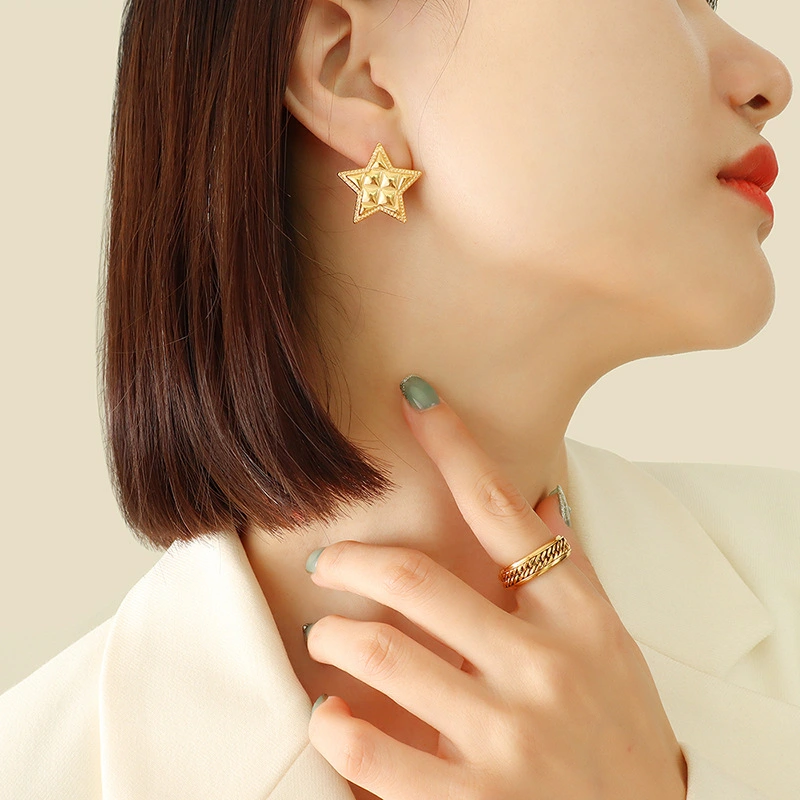 Titanium Steel Textured Star Stud Earrings