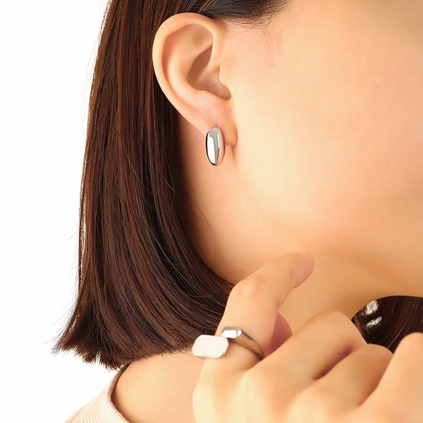 Steel Gold Dome Medium Ridge Hoop Earrings