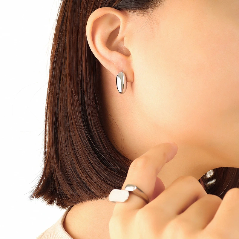 Steel Gold Dome Medium Ridge Hoop Earrings