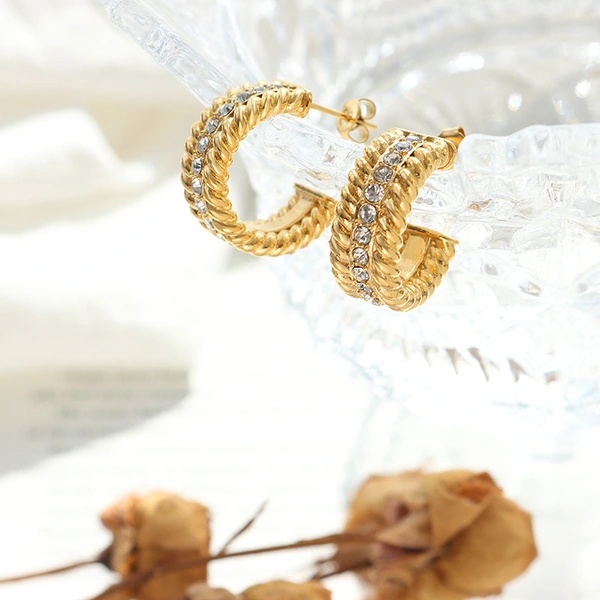 Stainless Steel Gold Big Hoop Earrings CZ