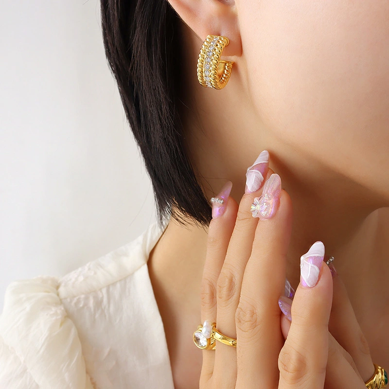 Stainless Steel Gold Big Hoop Earrings CZ